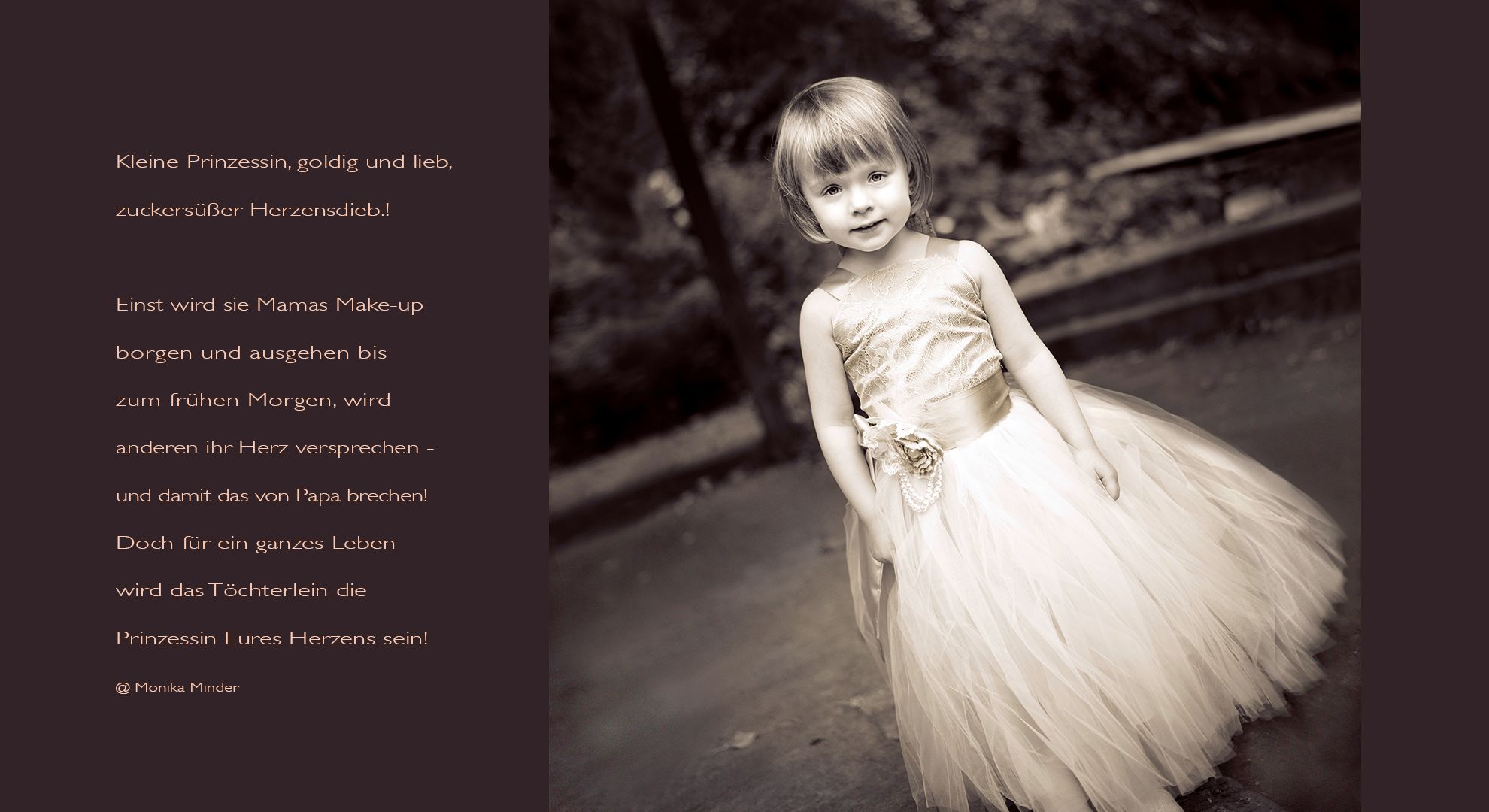 kleines Mädchen im Prinzessinnenkleid und emotionales Gedicht über das Erwachsenwerden in Sepia