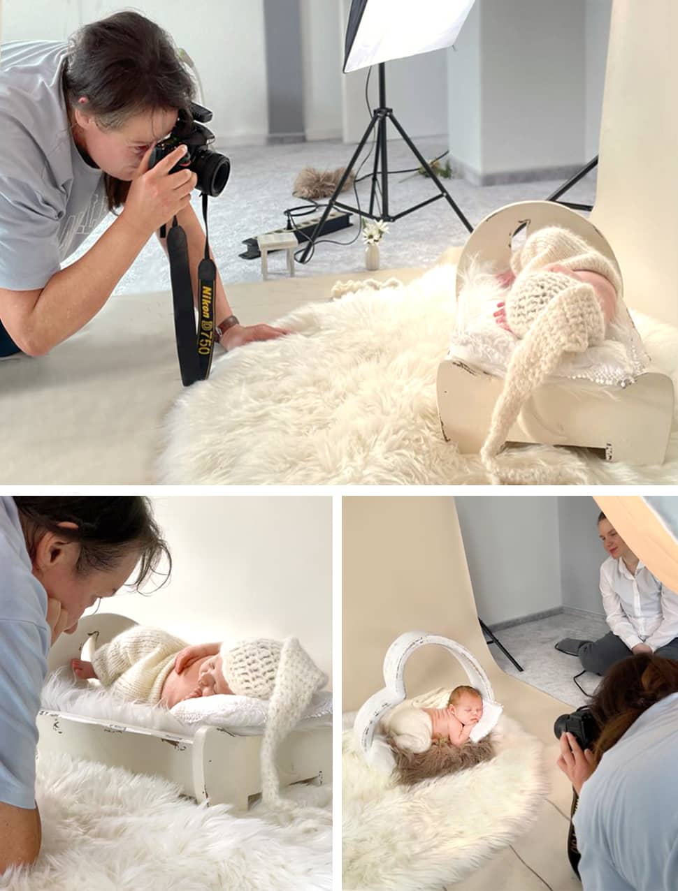 Fotografin Josephine B. Scharrer beim mobilen Neugeborenen-Shooting mit professioneller Lichtanlage und Studio-Hintergrund in Wuppertal.